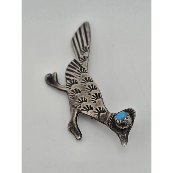 Vintage Stamped Sterling Silver & Turquoise Roadrunner Pin Brooch Southwestern - Picture 4 of 12